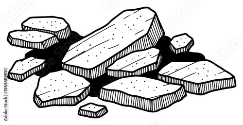 Hand drawn sketch of a pile of broken concrete slabs and stone rubble