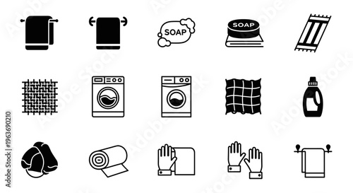 Collection of laundry and cleaning icons, representing hygiene and household chores