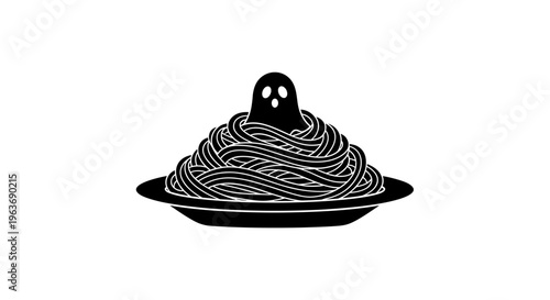 Spaghetti ghost on a plate, a playful and spooky Italian food illustration