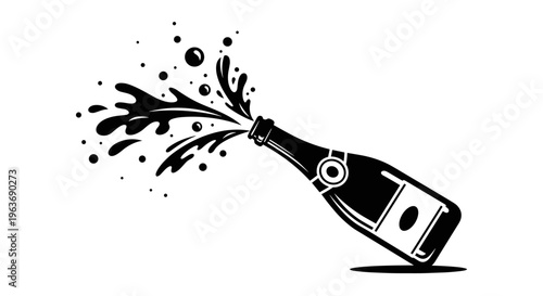 Champagne bottle exploding with liquid and bubbles, black and white graphic