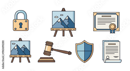 Collection of flat design icons representing legal and artistic concepts