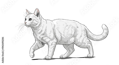 Elegant white cat with subtle tabby markings walking gracefully across a white background