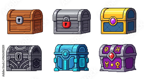 Collection of six pixel art treasure chests with different designs and colors