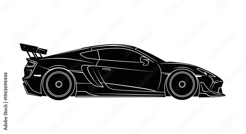 Naklejka premium Sleek black sports car silhouette with a prominent rear spoiler and aerodynamic design