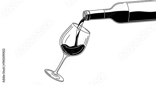 Minimalist line art illustration of red wine being poured from a bottle into a glass