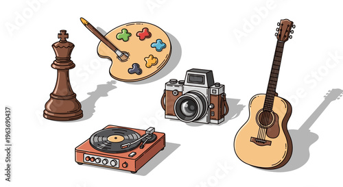Collection of vintage hobby items including a chess piece, art palette, camera, guitar, and record player