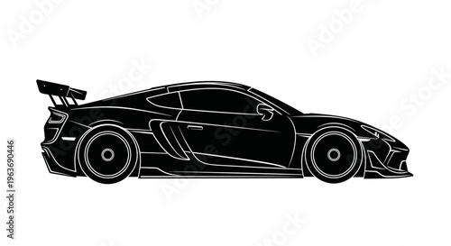 Sleek black sports car silhouette with a prominent rear spoiler and aerodynamic design