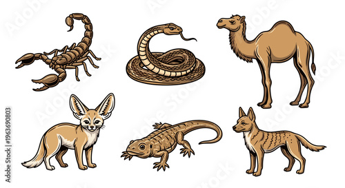 Collection of desert animals including a camel, scorpion, snake, fennec fox, lizard, and jackal