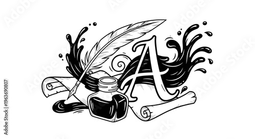 Vintage quill pen, ink bottle, and scroll with splash of ink and letter A