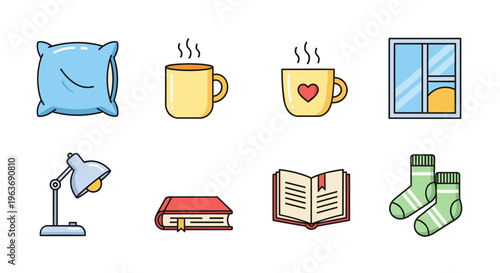 Cozy home comfort icons: pillow, hot drinks, book, lamp, window, and socks