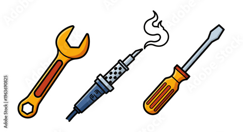Cartoon illustration of a wrench, soldering iron with smoke, and screwdriver on white background