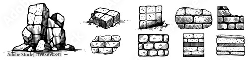 Vintage hand drawn sketch set of stone walls masonry blocks and ruined building elements