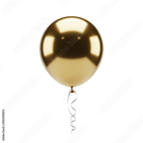 a single, polished gold mylar helium balloon with extreme metallic sheen and sharp specular reflections, detailed with a curling white silk ribbon. concept for luxury celebration advertising