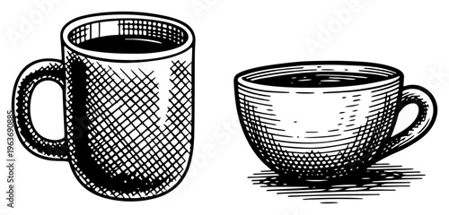 Two vintage ceramic coffee mugs and tea cups in hand drawn detailed cross hatching woodcut style