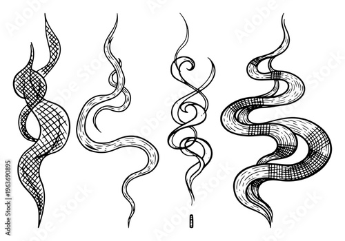 Set of stylized smoke swirls or steam plumes in vintage engraving style