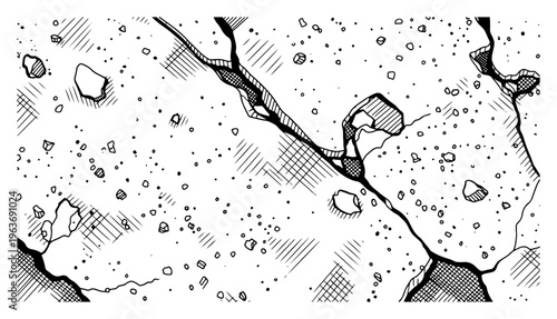 Artistic hand drawn top view of cracked dry ground surface with scattered stones and debris