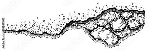 Hand drawn vintage woodcut style underground soil cross section with rocks and pebbles