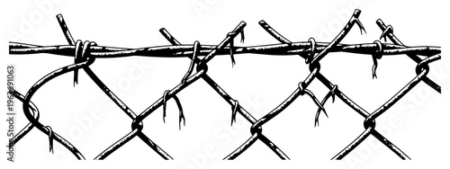 Vintage hand drawn sketch of a chain link wire fence with worn textures