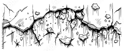 Detailed hand drawn illustration of a ruined cracked wall with falling stone debris