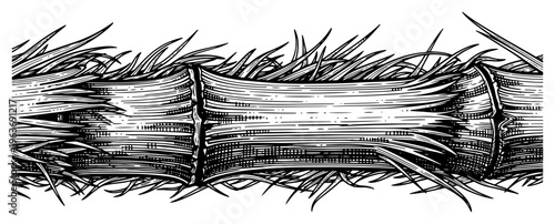 Detailed hand drawn engraving of a horizontal bamboo stalk with fibrous texture and roots