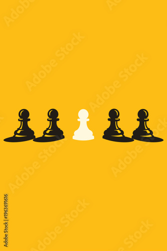 Row of chess pawns with standout piece. Individuality and uniqueness concept.