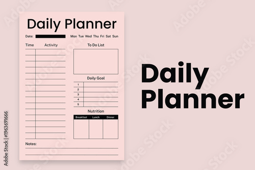 Daily Pink Planner Template with Time Schedule, Nutrition Tracker, and Goal Setting List
