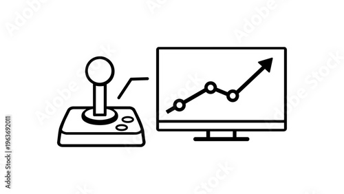 Gamification vector icon illustration featuring a minimalist black line outline of a retro joystick connected to a computer monitor showing a rising growth chart, symbol for game mechanics.