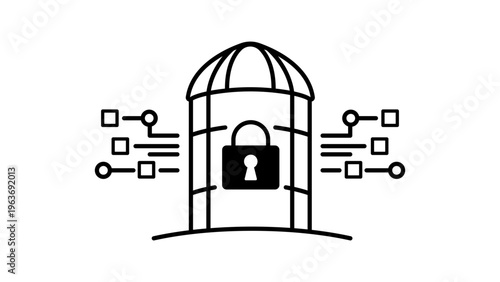 Minimalist black line vector icon of a data silo with a padlock and digital circuit lines on a white background, symbolizing information isolation, data security, and storage infrastructure.