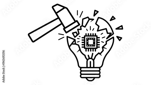 Disruptive Innovation Vector Illustration: A Minimalist Black Line Icon of a Hammer Smashing a Lightbulb to Reveal a Computer Chip, Representing Technological Breakthrough and Creative Destruction.