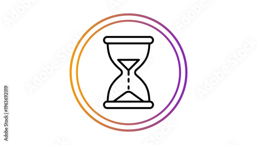 Minimalist black line vector icon of an hourglass inside a vibrant gradient circle, representing ephemeral content, time management, countdown, and social media stories on a white background.