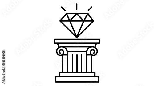 Minimalist black line vector icon illustration of a sparkling diamond gemstone resting on a classical Greek ionic pillar pedestal, symbolizing value proposition, wealth, and business excellence.