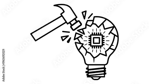 Disruptive innovation vector icon with a hammer smashing a lightbulb containing a microchip, representing digital transformation, technology advancement, and creative destruction concepts.