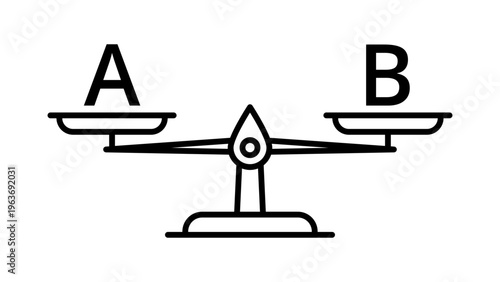 Minimalist black line vector icon of a balance scale with letters A and B, representing A/B testing, marketing comparison, and data optimization, isolated on a clean white background illustration.