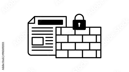 Minimalist black line vector icon of a digital paywall featuring a document behind a brick wall with a padlock, representing restricted content access and subscription models, vector illustration.