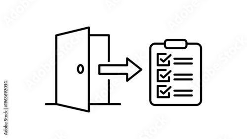 Offboarding process minimalist black line vector icon illustration on white background featuring an open door with an arrow pointing to a checklist clipboard for employee exit procedures.