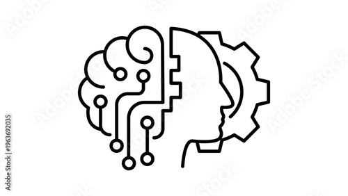 Artificial Intelligence Integration Vector Icon: Minimalist Black Line Illustration of a Human Head Profile Merged with a Brain Circuit and Gear Cog, Representing Machine Learning and Tech Innovation