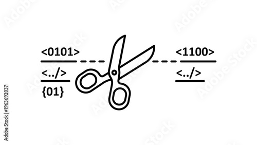 Data Pruning Minimalist Black Line Vector Icon on a White Background Representing Code Optimization and Data Cleaning with Scissors Cutting Through Binary and Programming Tags Illustration