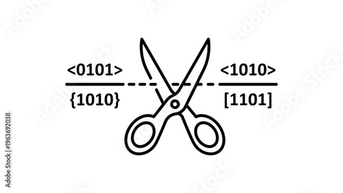 Data Pruning and Cleaning Minimalist Black Line Vector Icon Illustration. Scissors cutting through binary code strings representing data reduction, optimization, and information management.