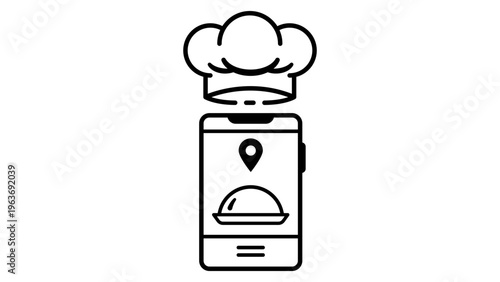 Minimalist black line vector icon of a modern ghost kitchen or dark kitchen concept, featuring a smartphone with a chef's hat, food cloche, and location pin for online food delivery and mobile apps.