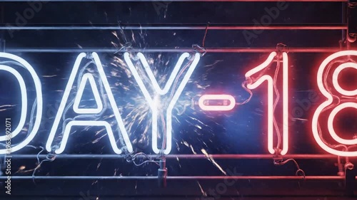 Electric neon sign DAY 18 with sparks on dark wall