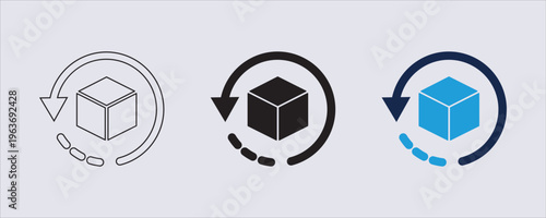 Icon represents a return package or reverse logistics process, arrow indicates the reversal of the original shipment direction. commonly used to signify return policies, refunds, or product exchanges.