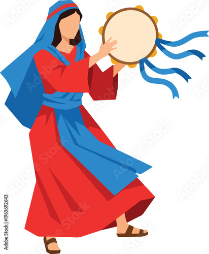 Woman playing tambourine wearing traditional red robe and blue veil for festive celebration or biblical historical reenactment scene on background.