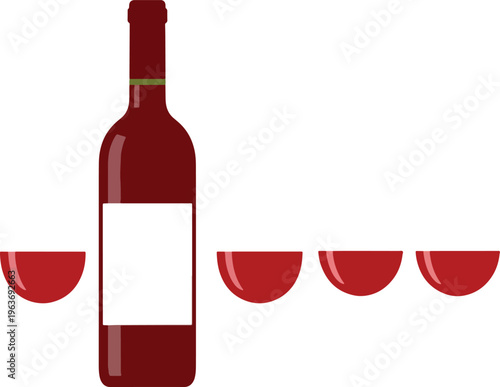 Red wine bottle with blank white label and four small matching cups arranged in horizontal line for social gathering or tasting event illustration.