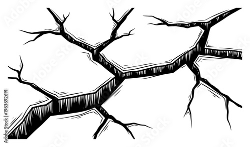 Hand drawn vector illustration of deep cracks and fractures with detailed hatching