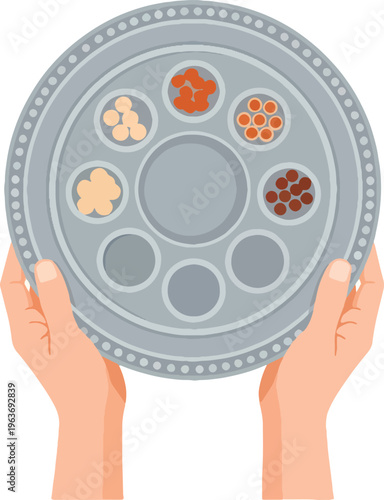 Passover seder plate with symbolic foods, traditional jewish holiday celebration, hands holding festive dish.