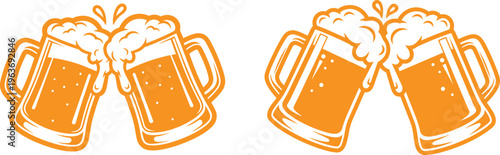 Silhouette of raised beer mugs in a cheerful toast, perfect for party scenes, bar culture, Oktoberfest themes, and drink-inspired designs.