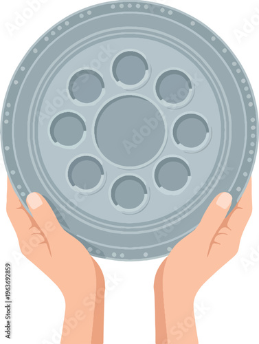 Human hands holding silver seder plate empty passover ritual dish for symbolic foods during jewish holiday celebration isolated vector illustration.