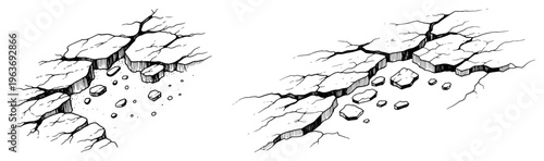 Isometric vector illustration of deep cracks and broken ground with scattered debris