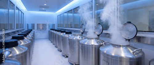 Cryogenic storage tanks holding liquid nitrogen in laboratory
