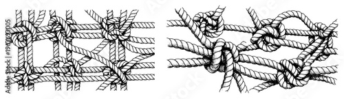 Set of hand drawn nautical rope netting and tangled knots in sketch style